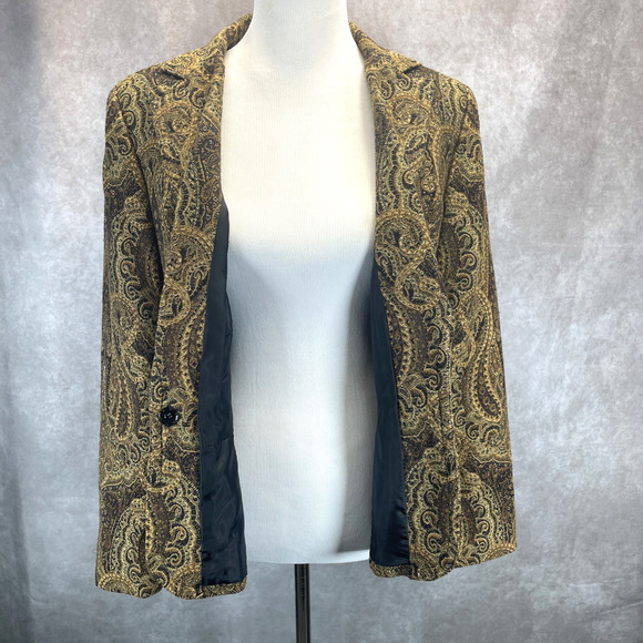 Focus 2000 Women 12 Peplum Jacket Brown Gold Paisley Topaz Jeweled Snap Closure - Picture 5 of 7